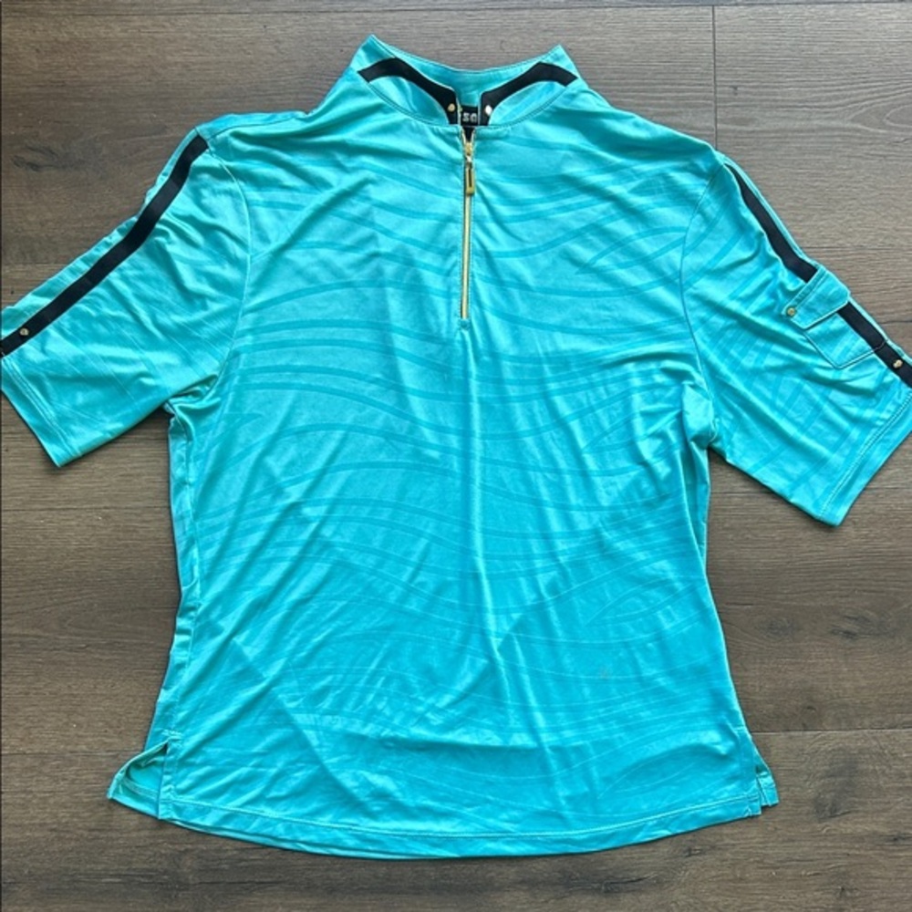 jamie sadock Turquoise Short-Sleeve Polo with Gold Zip and Black Trim ! Small